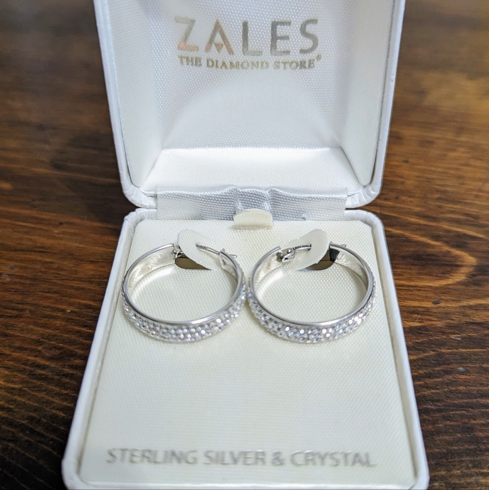 New Zales Sterling Silver & Crystal Hoop Earrings